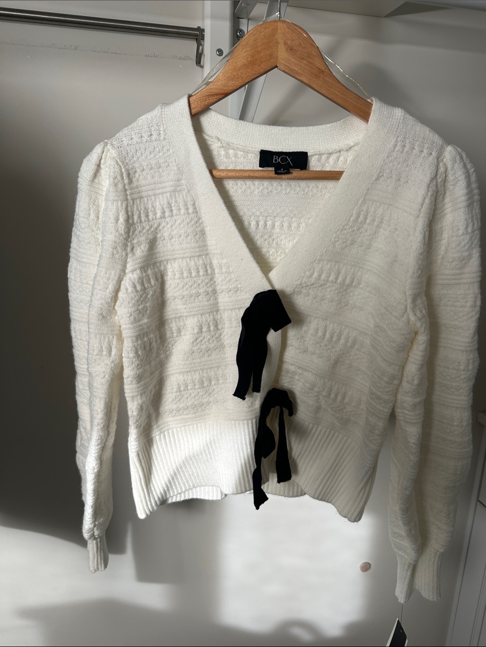 BCX Ivory Knit V-Neck Cardigan with Black Ribbon Ties